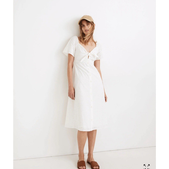 Madewell Dresses & Skirts - Madewell Eyelet Tie Front Midi Dress White Cotton Short Sleeve Size 4 Boho Bride
